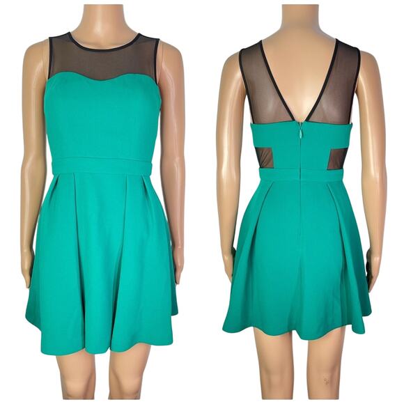 New BCBGeneration Emerald Green Sheer Mesh Cutout Pleated Mini Dress - Picture 1 of 13